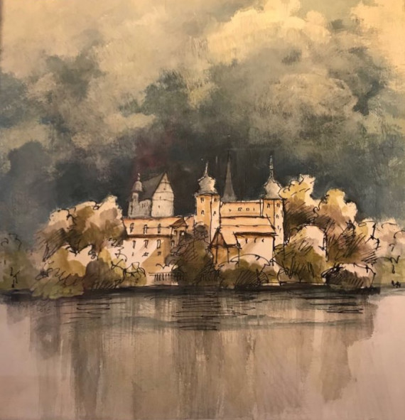 Ansicht von Schloss Thurnau als aquarellierte Tuschezeichnung 